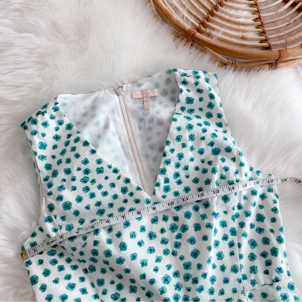 Rebecca Taylor Emerald Daisy Print Mini Dress Cream Green Floral Ruffle V-neck 4 - Picture 9 of 12